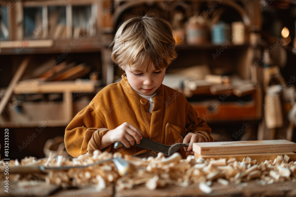 Young Boy Concentrating on Woodworking in a Workshop Young Boy Concentrating on Woodworking in a Workshop