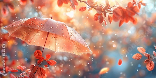Autumn landscape with peach umbrella. Nature weather concept, fall background. Peach fuzz color umbrella with leaves, rain, foliage, drops. Trendy 2024 palette concept. Fall park with falling leaves