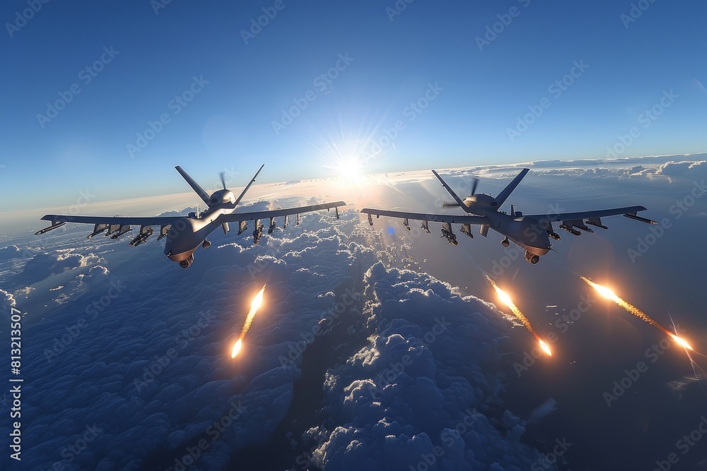 Naklejka premium Stunning image showing two military aircraft performing air-to-air refueling against a backdrop of the setting sun and clouds