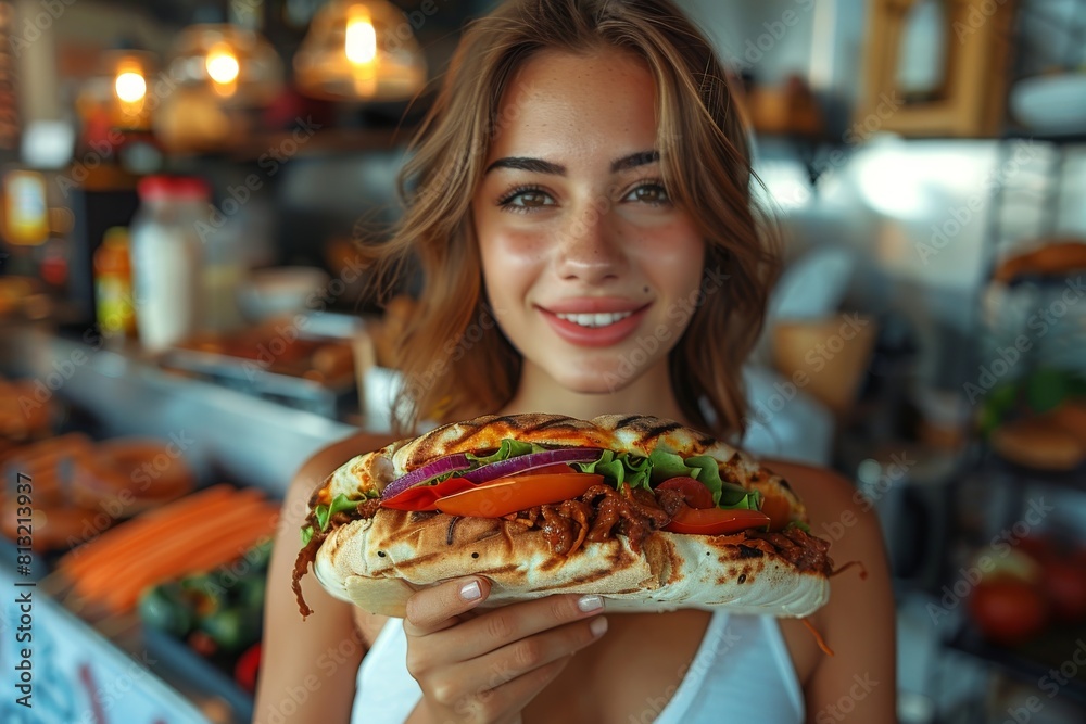 Close-up image of a joyful young woman presenting a freshly made gyro sandwich Close-up image of a joyful young woman presenting a freshly made gyro sandwich