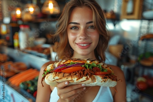 Close-up image of a joyful young woman presenting a freshly made gyro sandwich