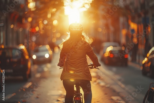 A woman cyclist is captured from behind in a dramatic sunset lighting, casting a warm glow over the bustling city street
