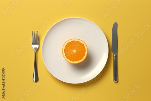 Fruit breakfast for weight loss. Plate with an orange on a yellow background.