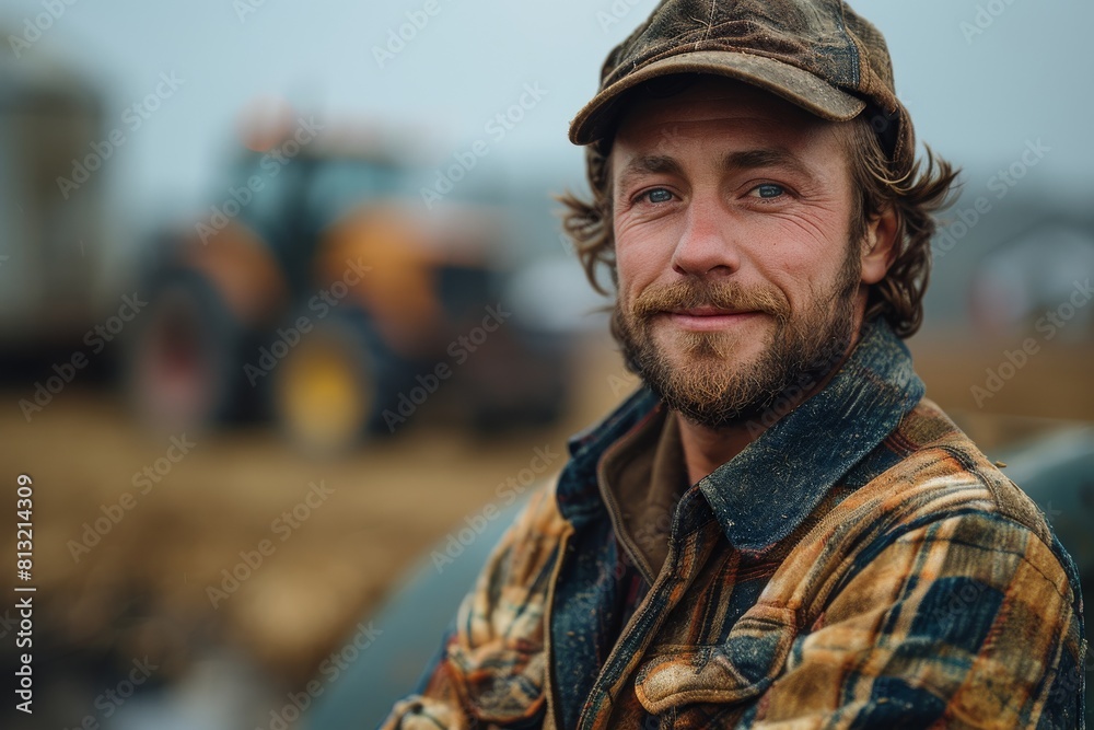 Smiling man in cap and plaid shirt standing near a plowed field Smiling man in cap and plaid shirt standing near a plowed field