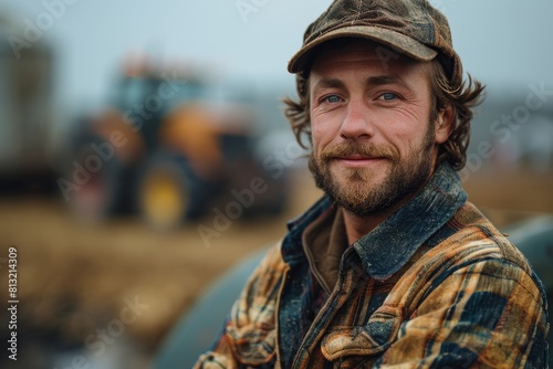 Smiling man in cap and plaid shirt standing near a plowed field