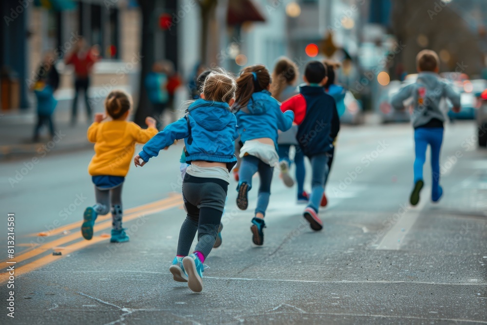 Group of children jogging in the city. Healthy lifestyle concept. Group of children jogging in the city. Healthy lifestyle concept.