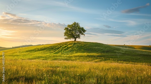 Tree on top of the hill. Landscape before sunset. Fields and pastures for animals. Agricultural landscape in summer time.