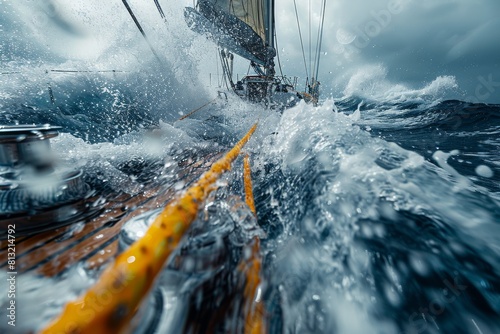 A dynamic image capturing a sailing boat confronting massive sea waves, illustrating the power of nature and human adventure photo