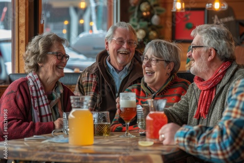 Group of seniors drinking beer in a pub. They are laughing and looking at the camera.