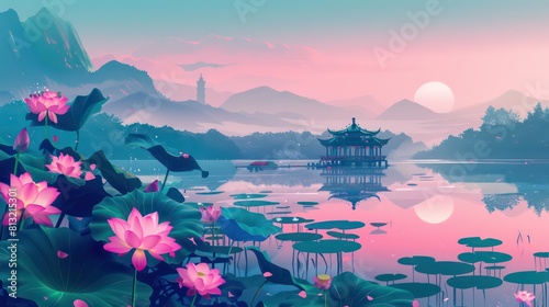 asian lake landscape with mountains  lakes  lotuses and pavilions  pink and fluorescent green  digital illustration