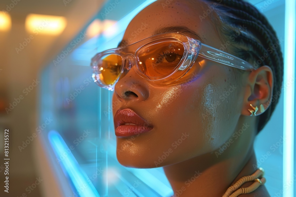 A blurred central figure with clear details around showing lighting elements and reflections
