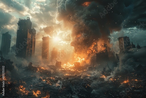 The image shows a city skyline being consumed by massive fires and billowing smoke  depicting total ruin