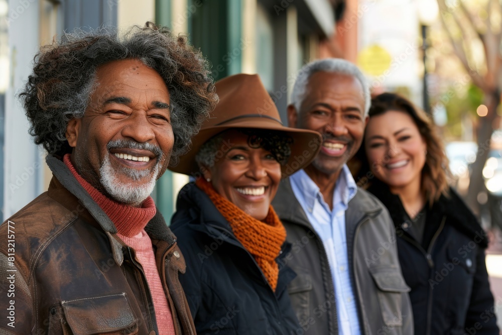 Portrait of diverse group of senior friends smiling at camera in the street Portrait of diverse group of senior friends smiling at camera in the street