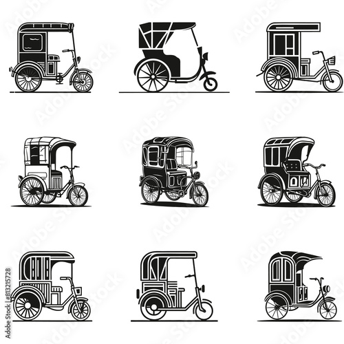 set of rickshaw vector designs, auto, auto rickshaw, baby taxi, pigeon, bajaj, lapa, tum-tum, 3wheel, easy bike, past, rickshaw india, rickshaw bangladesh, old, nostalgia, move, model, isolated