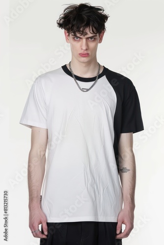 boy wearing a plain white t-shirt in white background 