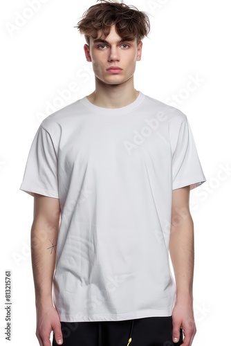 boy wearing a plain white t-shirt in white background