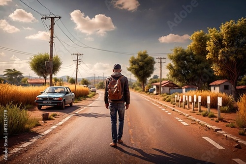 Man walking alone on journey of life through path on road