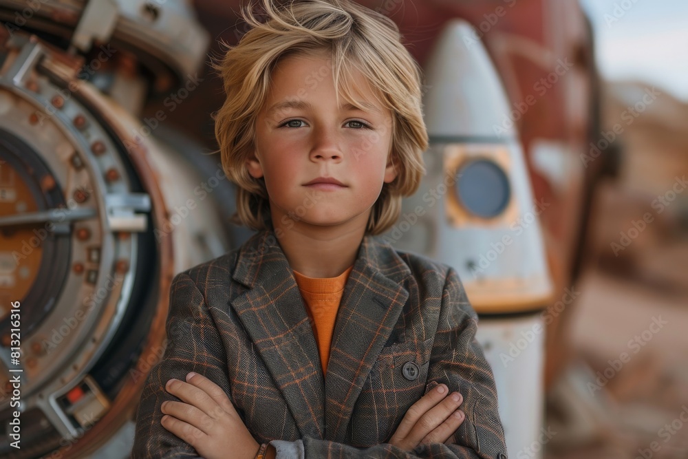 Confident boy in front of a space rocket, depicting childhood dreams and aspirations of becoming an astronaut Confident boy in front of a space rocket, depicting childhood dreams and aspirations of becoming an astronaut