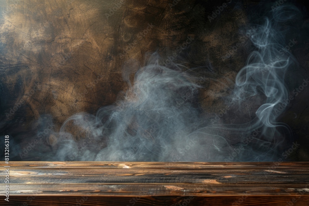 empty wooden table with smoke float up on dark background Empty Space for display your products - generative ai empty wooden table with smoke float up on dark background Empty Space for display your products - generative ai