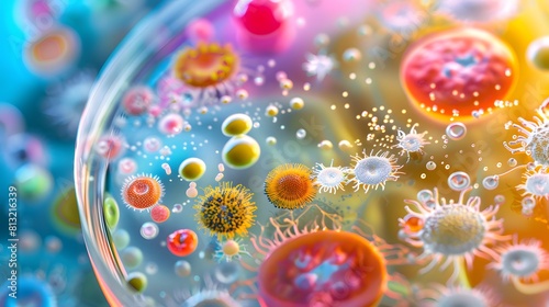 Colorful variety of microorganism inside petri dish plate in laboratory with super macro zoom background, including of bacteria, protozoa, algae, and fungi