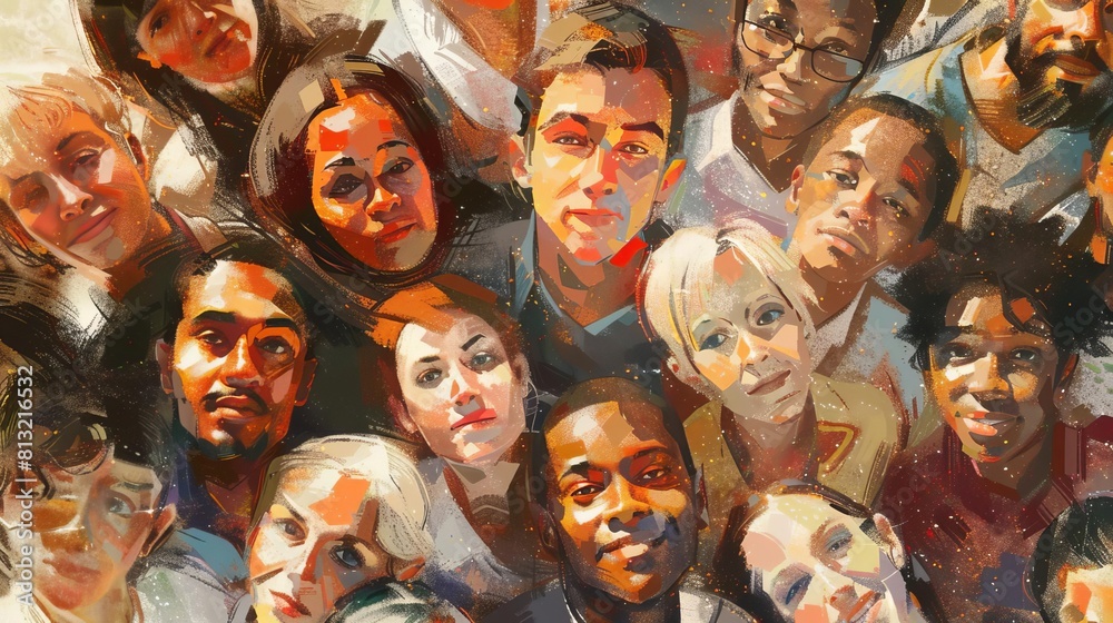 diverse crowd of people looking up at camera high angle view digital painting diverse crowd of people looking up at camera high angle view digital painting