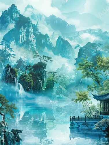 asian pavilions elegant decor, mountain and water scenery