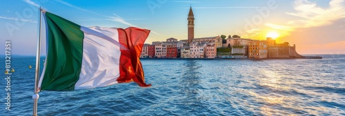 Italian flag waving with urban skyline in the background, symbolizing national pride photo