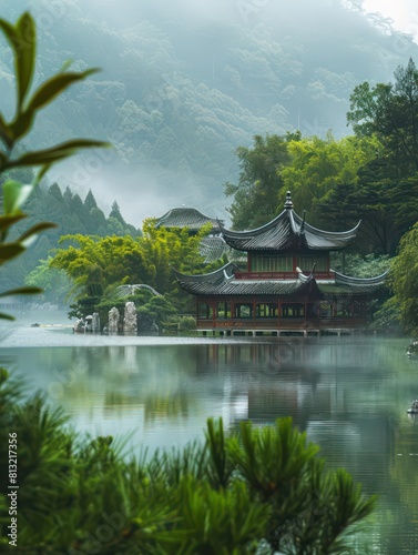 asian pavilions elegant decor  mountain and water scenery
