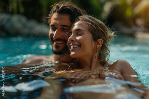 A man and a woman are swimming in a pool