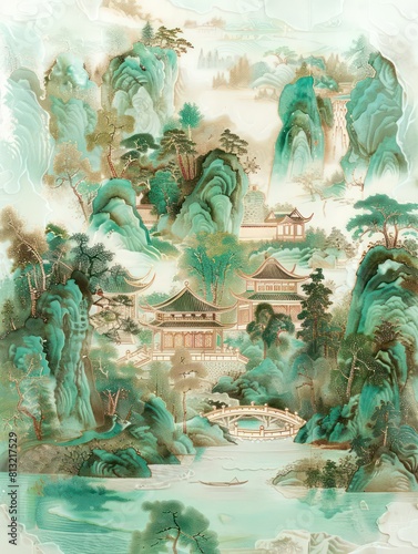 asian pavilions elegant decor, mountain and water scenery