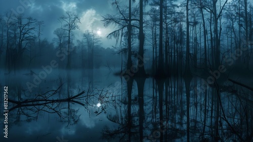 eerie misty swamp at night with moonlight reflecting on still water atmospheric landscape photograph photo