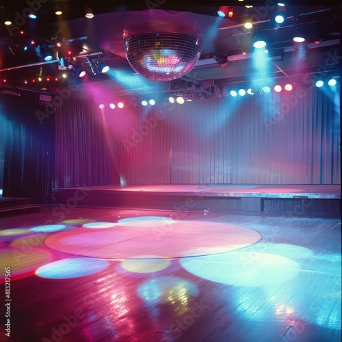 dance stage of 80s disco, mirror ball