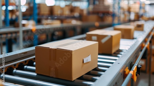 efficient conveyor belt in modern distribution warehouse with cardboard packages automated logistics for ecommerce delivery industrial photography banner © Bijac