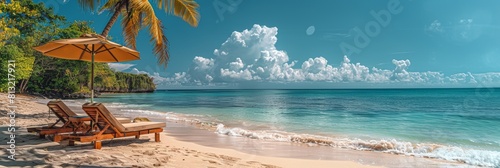 Tranquil beach scene with sun loungers and palm trees photo