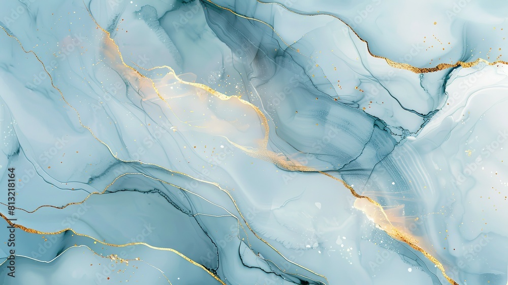 Naklejka premium Marble blue gold. Abstract blue and white marble background with golden lines, liquid art painting in the style of watercolor