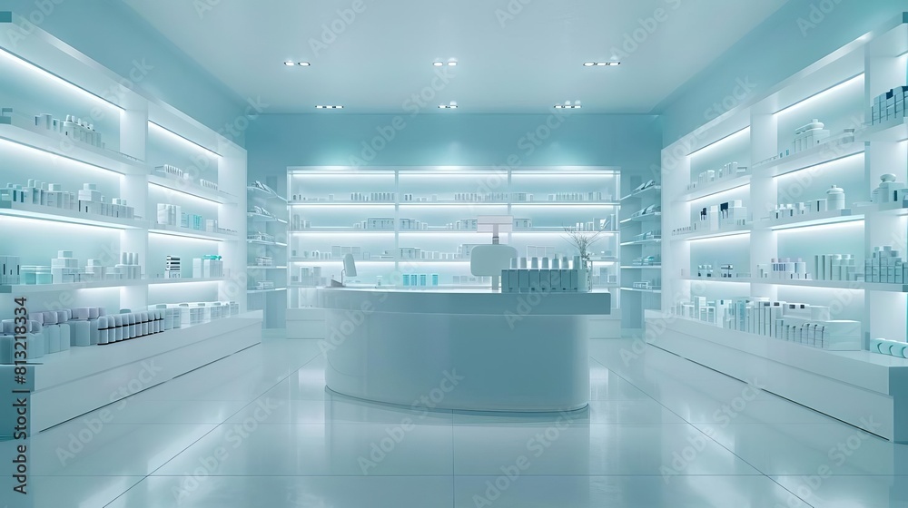 empty modern pharmacy interior with shelves and counter healthcare background empty modern pharmacy interior with shelves and counter healthcare background