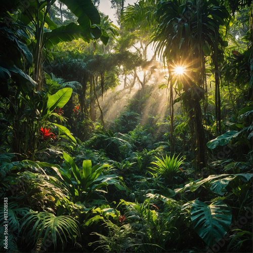 morning sun through the tropical jungle