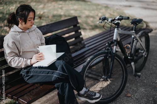 A relaxed yet focused woman sitting on a wooden park bench, writing in her notebook with a bicycle standing beside her.