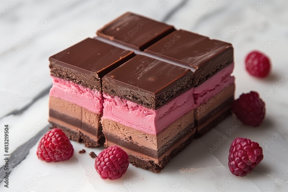 Piece of chocolate cake with raspberry on white marble background. Close up. Piece of chocolate cake with raspberry on white marble background. Close up.