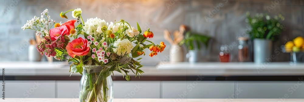 photo of summer bouquet in vase, on kitchen counter, 