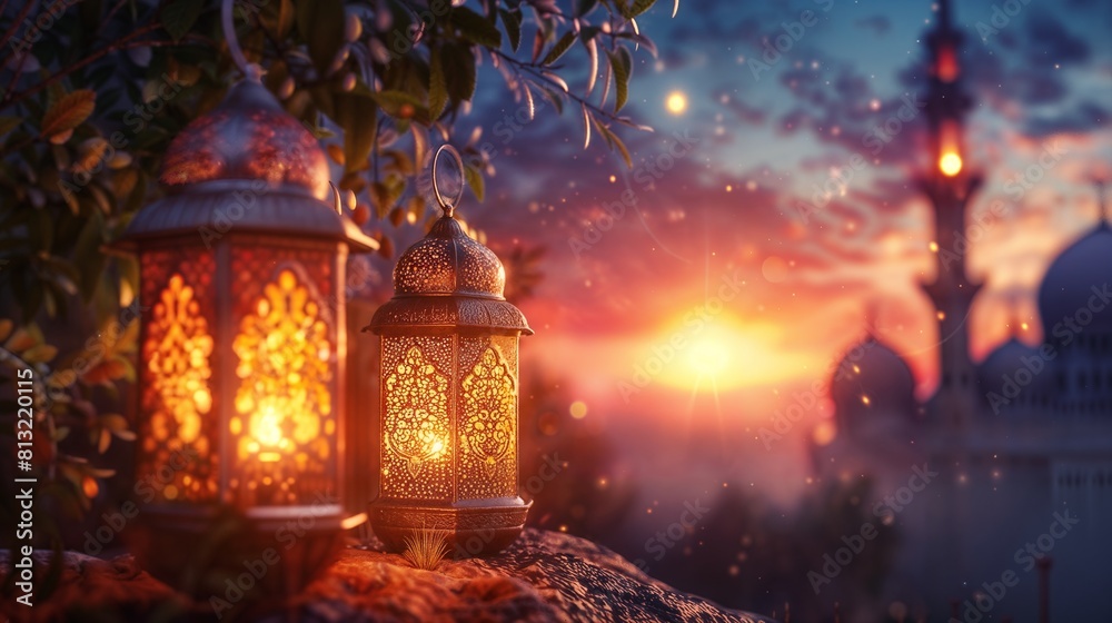 eastern dream landscape, with exotic lanterns in the foreground, and a background landscape with an islamic mosque with minaret and a beautiful golden, pink and blue sunset for a wallpaper eastern dream landscape, with exotic lanterns in the foreground, and a background landscape with an islamic mosque with minaret and a beautiful golden, pink and blue sunset for a wallpaper