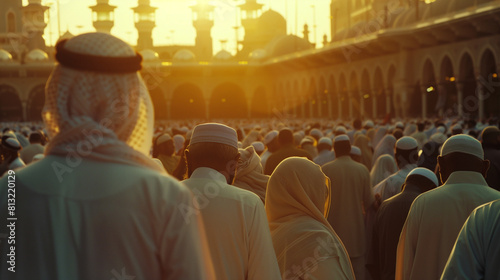 Many devout Islamic pilgrims with turbans walking to Mecca, under the golden light of the sunset, with the Muslim temple with arches and columns in the background. photo