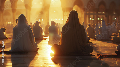 Women with their backs turned, wearing tunics and veils, praying inside a mosque with arches, under the golden light of sunset. Precious scene for an Islamic faith wallpaper with believers in the back