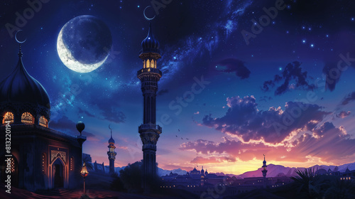 Beautiful sunset landscape of an Islamic country  with a temple and minarets  blue sky with sun between mountains at dusk  clouds and a moon. Wonderful oriental wallpaper