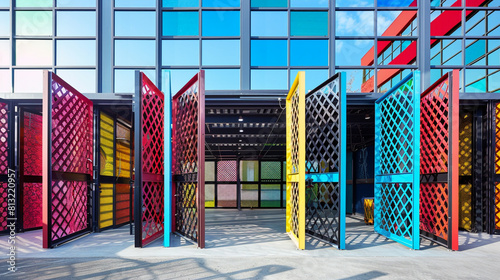 Urban art storage facility with colorful, patterned metal gates that slide open to reveal equally vibrant interiors. © Muhammad