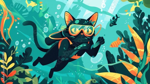 feline explorer adventurous cat diver illustration photo