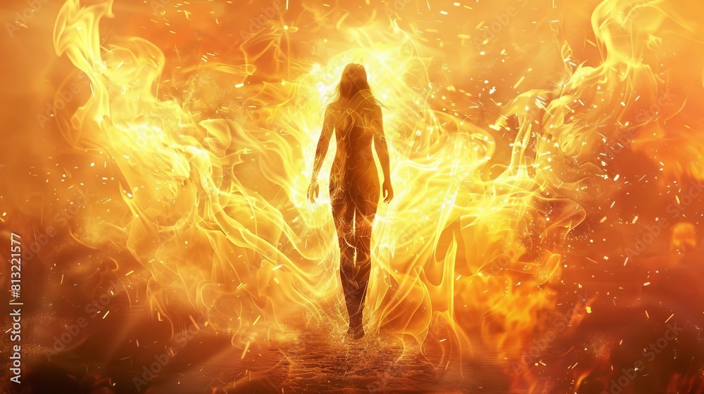 fiery woman walking through flames embodying passion strength and the power to overcome destruction and chaos digital art