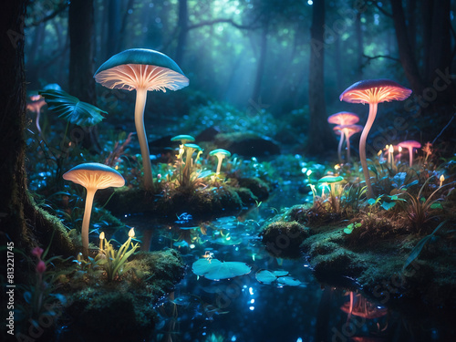Fantasy unreal bioluminescent forest with enchanting bioluminescence of flowers and plants, like in fairy tales of our childhood, stories for kids