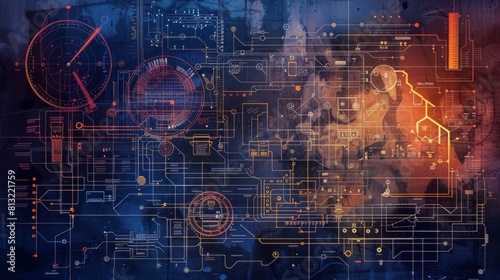 A blue and orange background with many lines and shapes