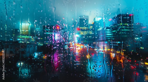 A blurry image of a city street with raindrops on the window